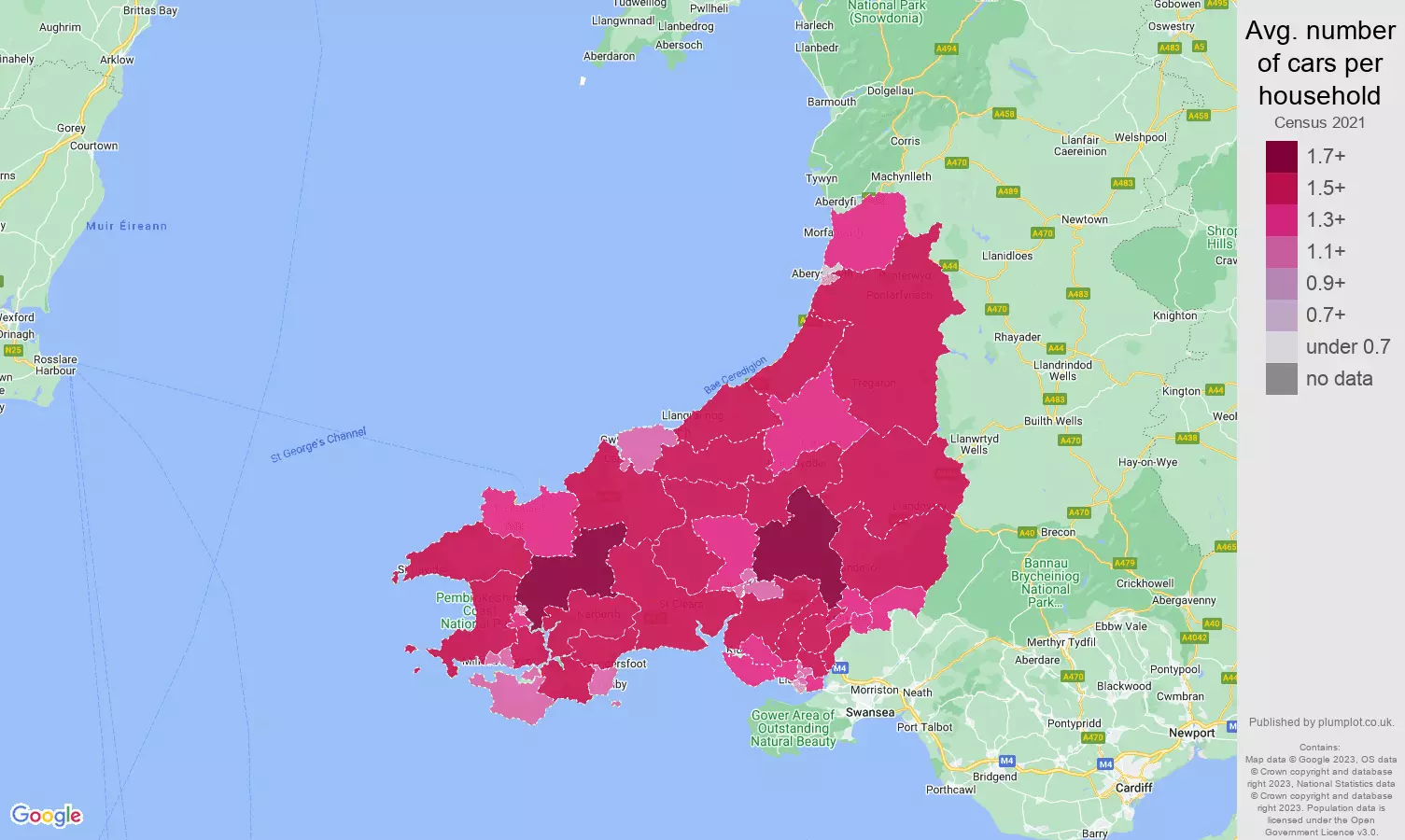 Dyfed cars per household map