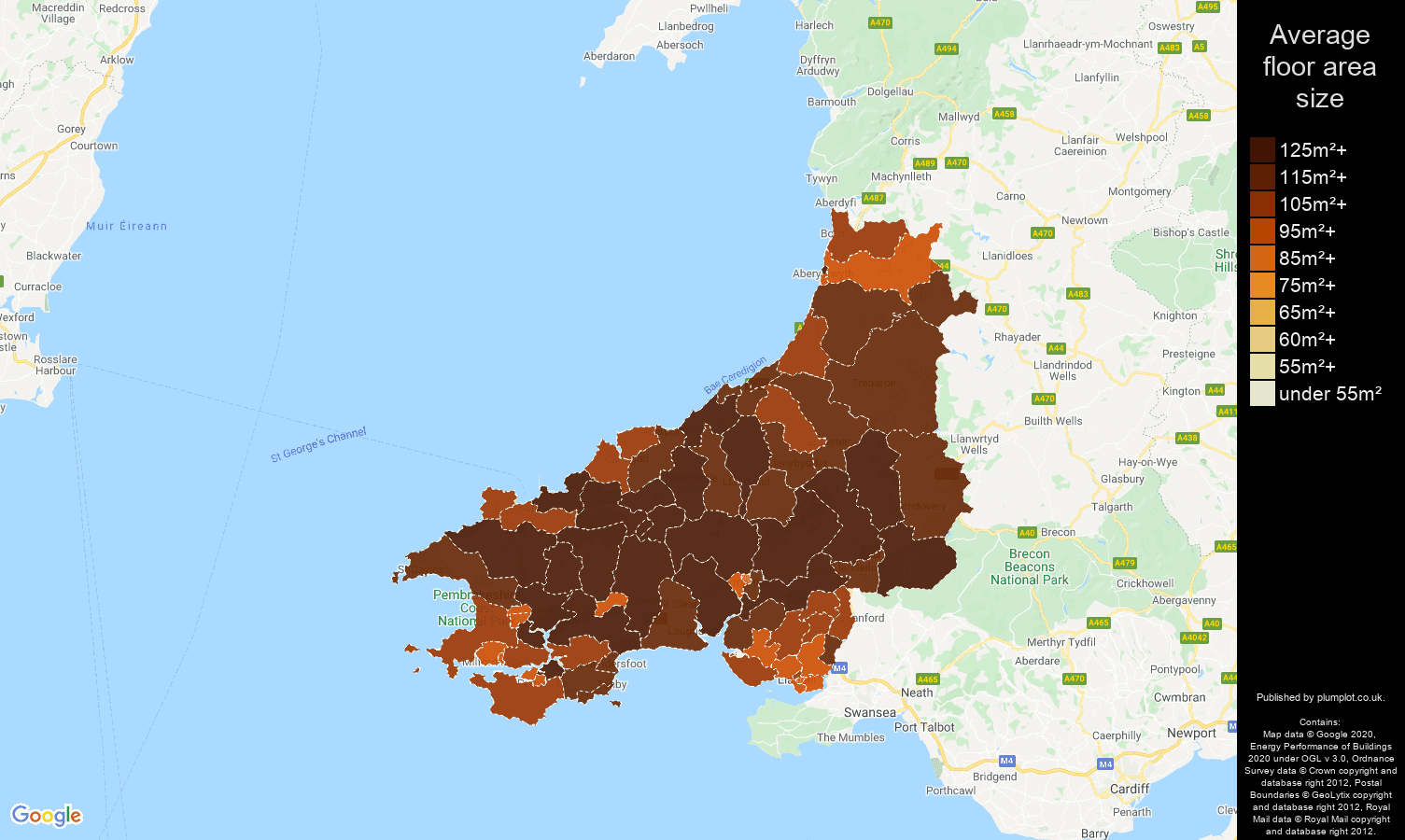 Dyfed map of average floor area size of houses