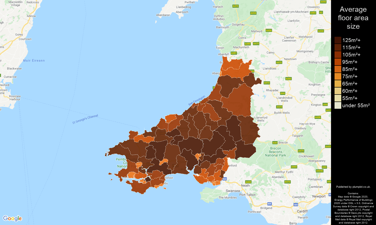Dyfed map of average floor area size of properties