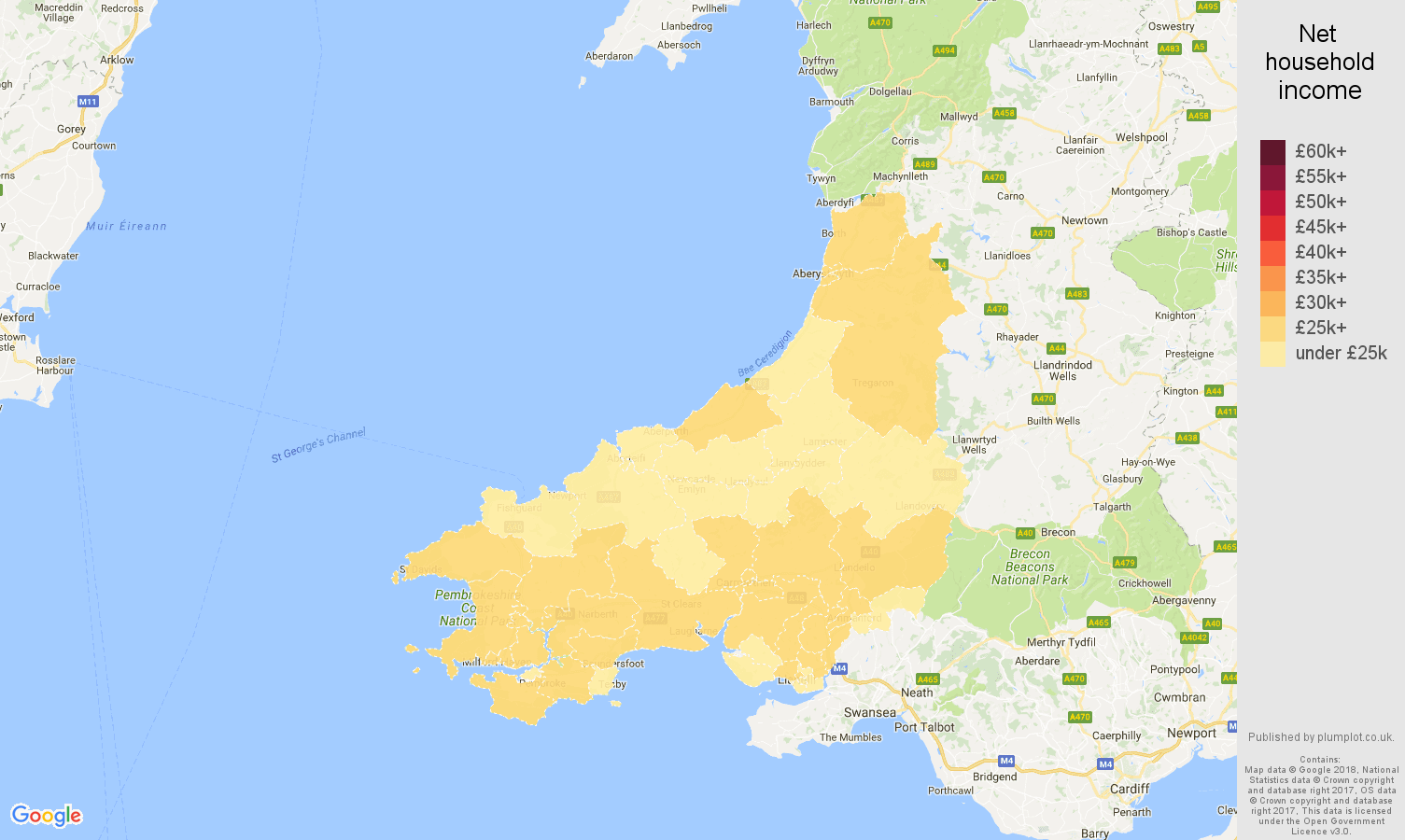 Dyfed net household income map