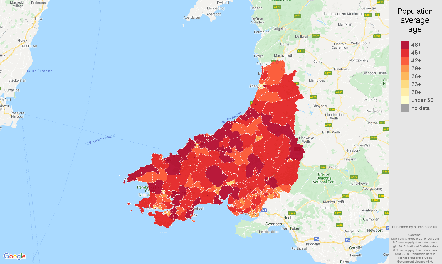 Dyfed population average age map