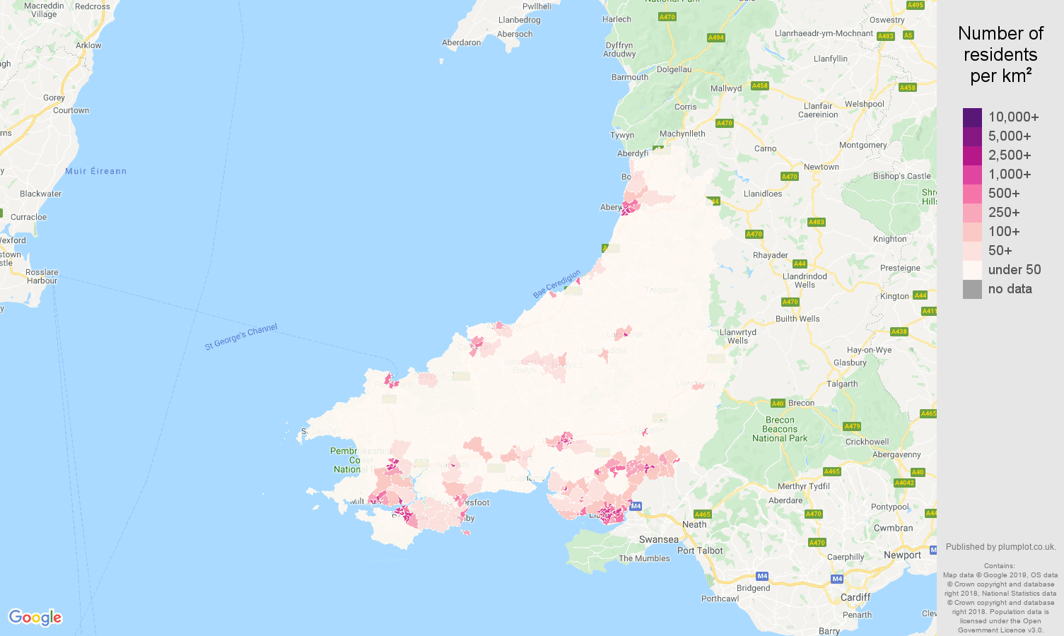 Dyfed population density map