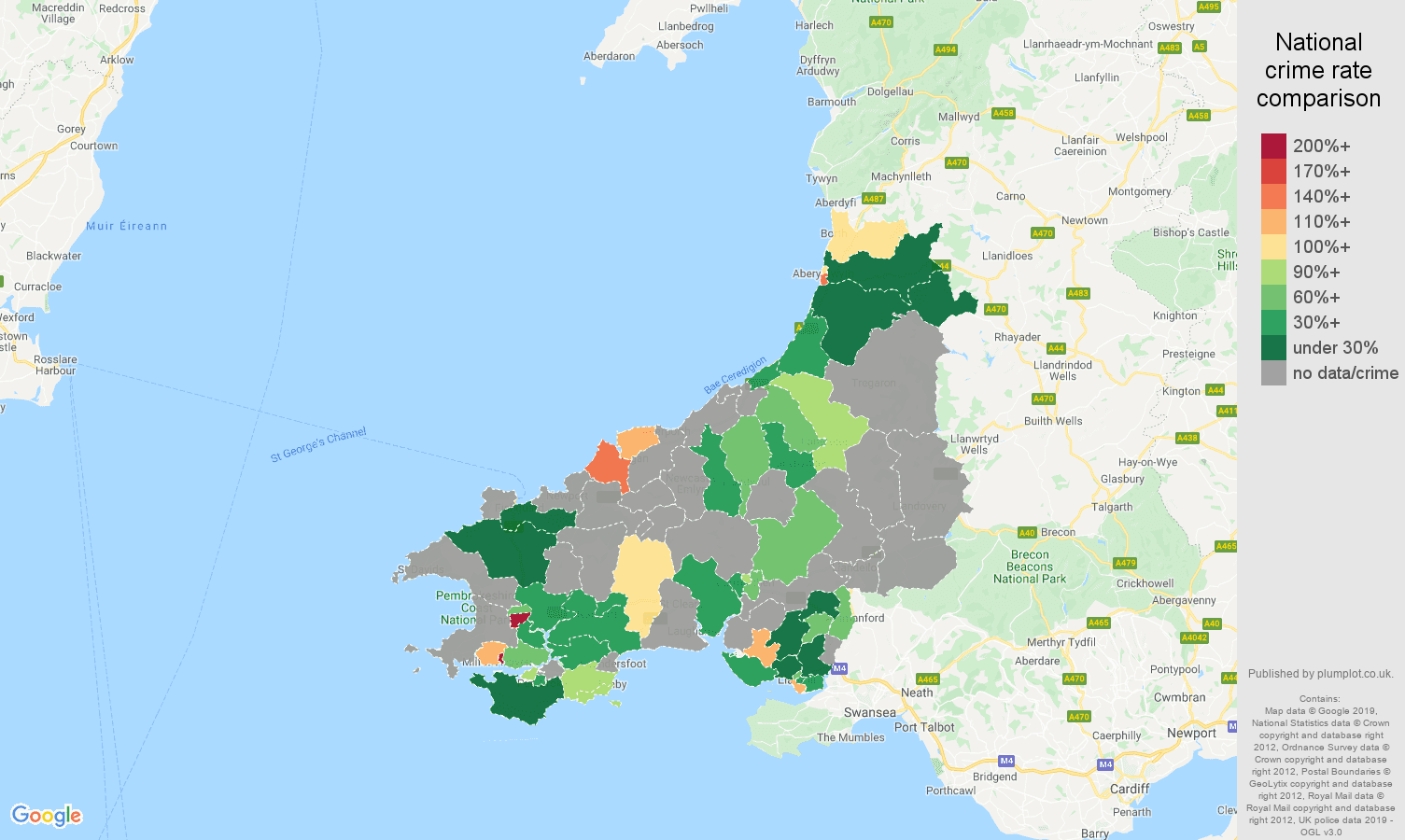 Dyfed possession of weapons crime rate comparison map
