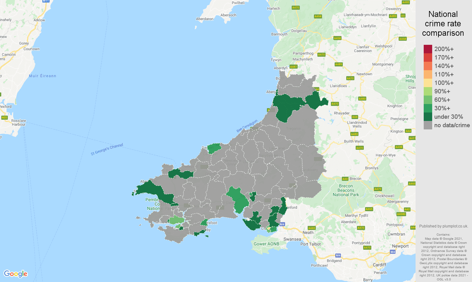 Dyfed theft from the person crime rate comparison map