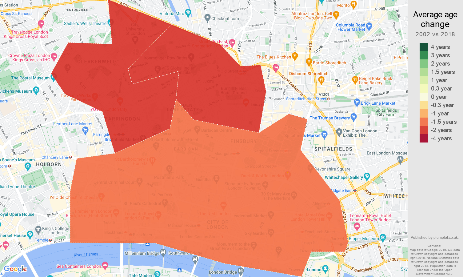 East Central London average age change map