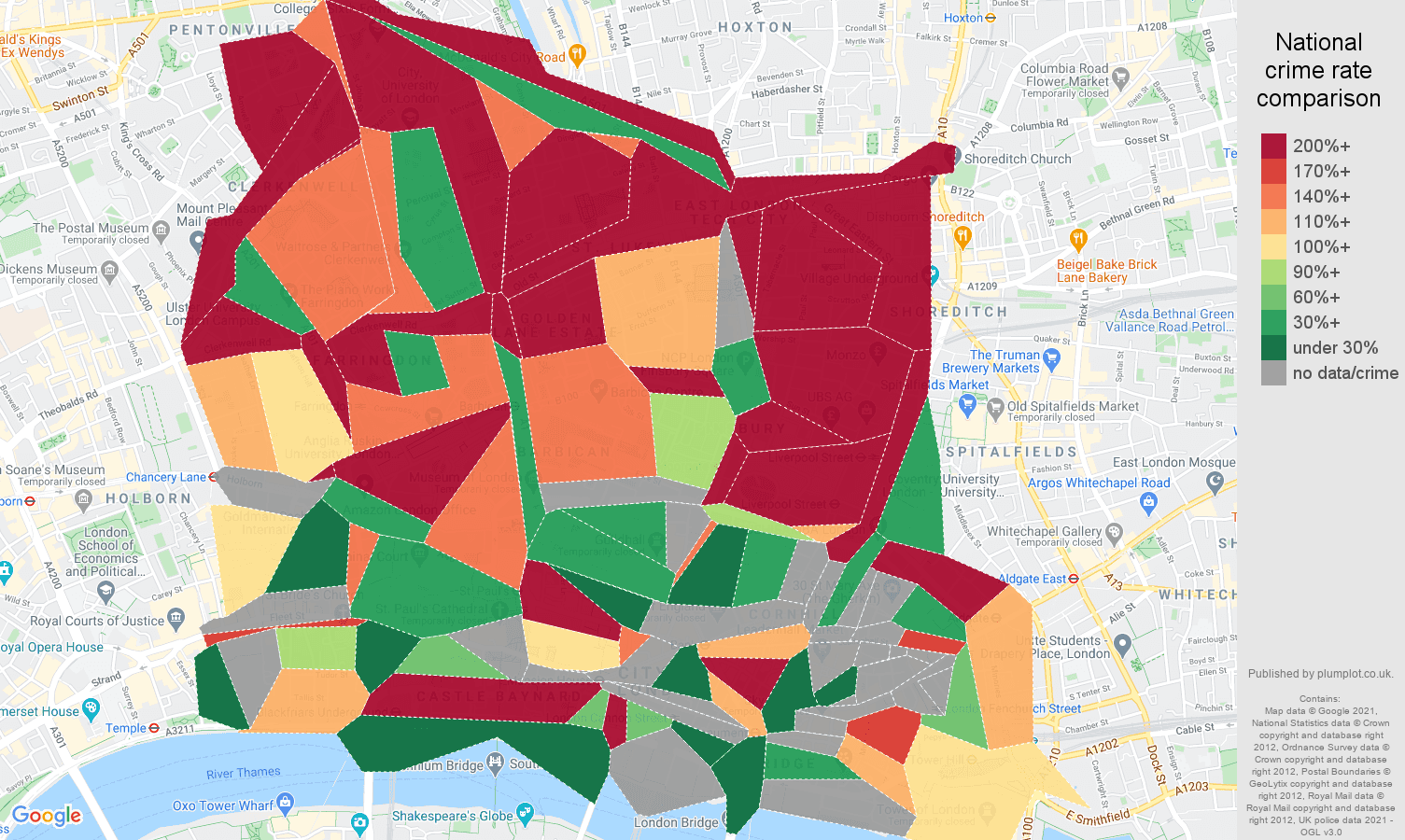 East Central London bicycle theft crime rate comparison map