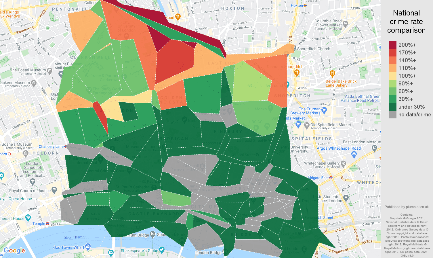 East Central London burglary crime rate comparison map