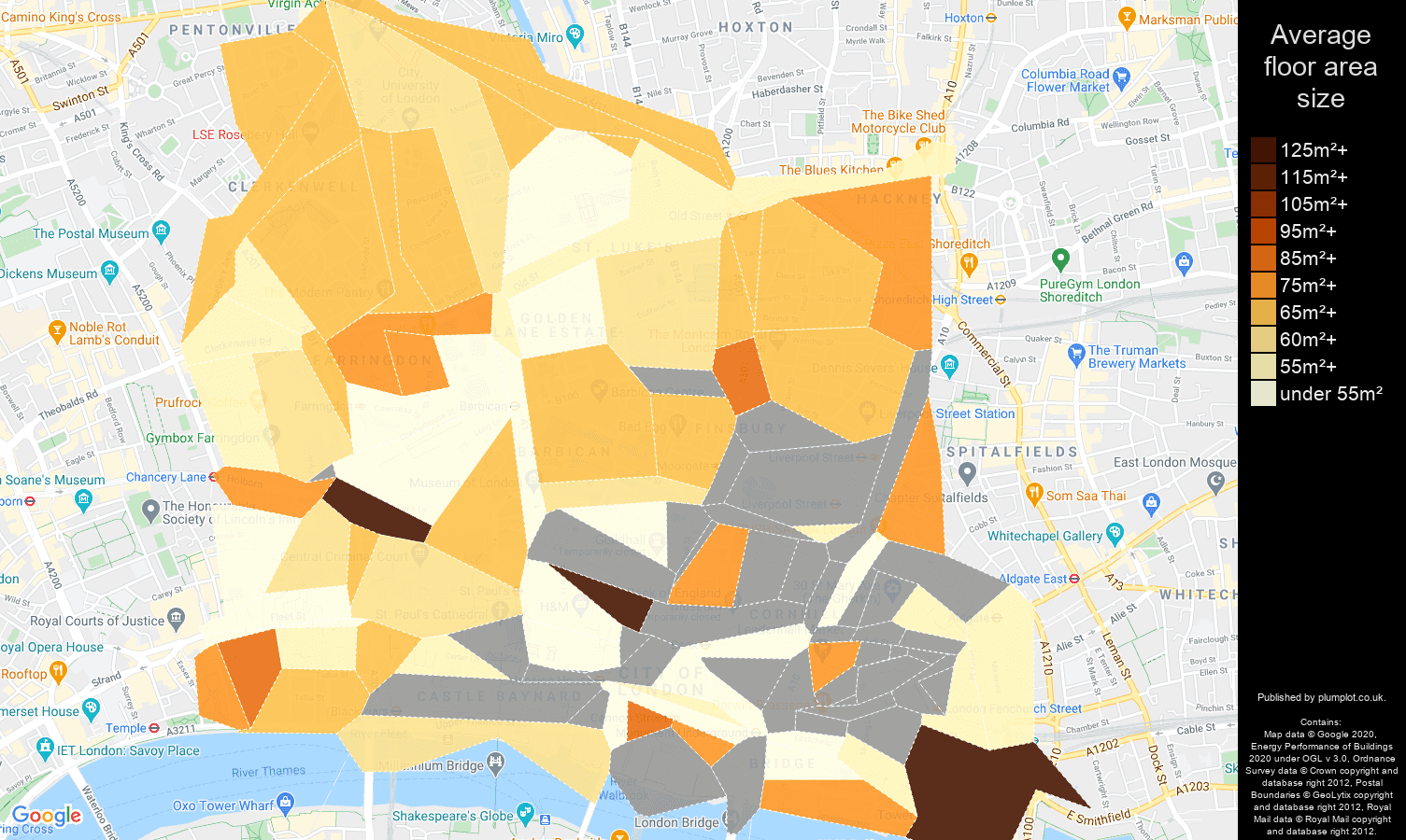 East Central London map of average floor area size of flats