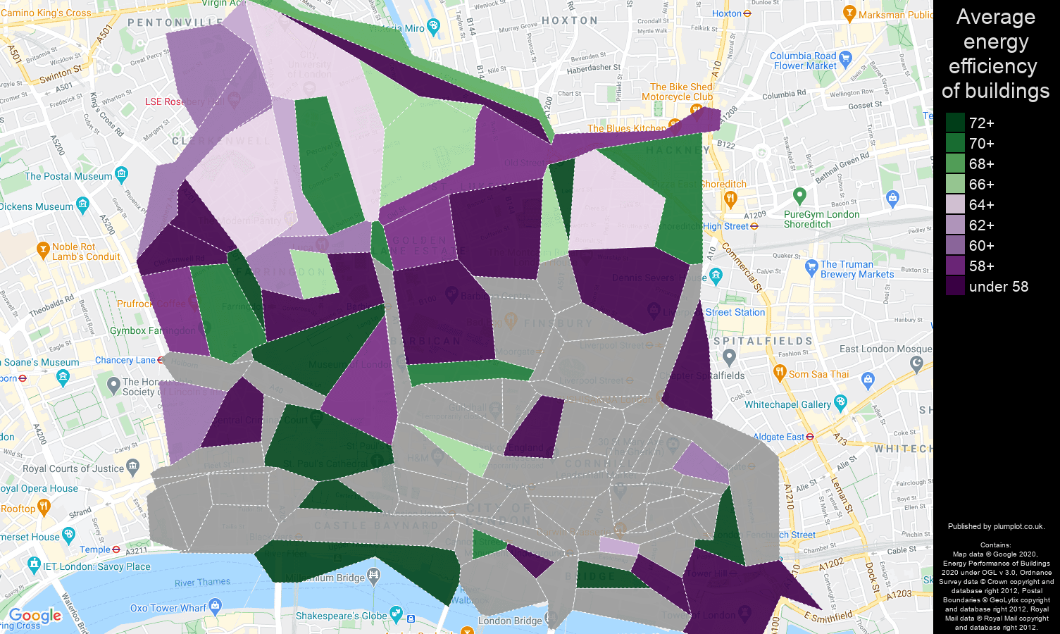 East Central London map of energy efficiency of houses