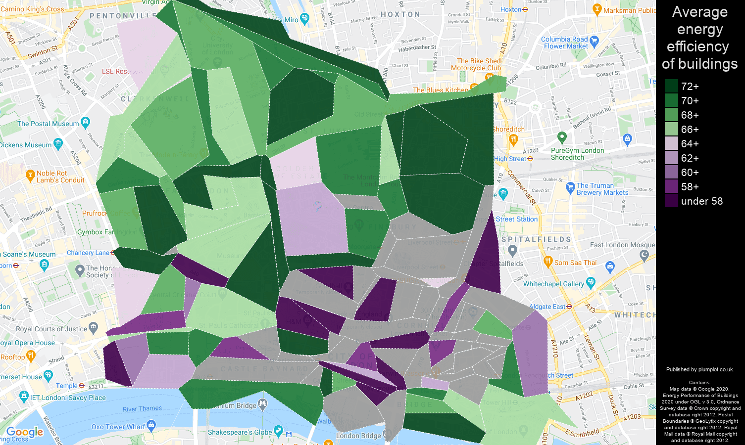 East Central London map of energy efficiency of properties