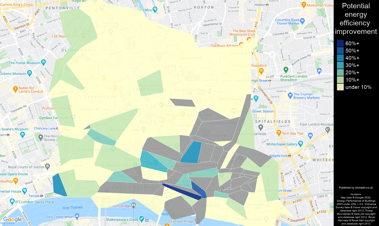 East Central London map of potential energy efficiency improvement of properties