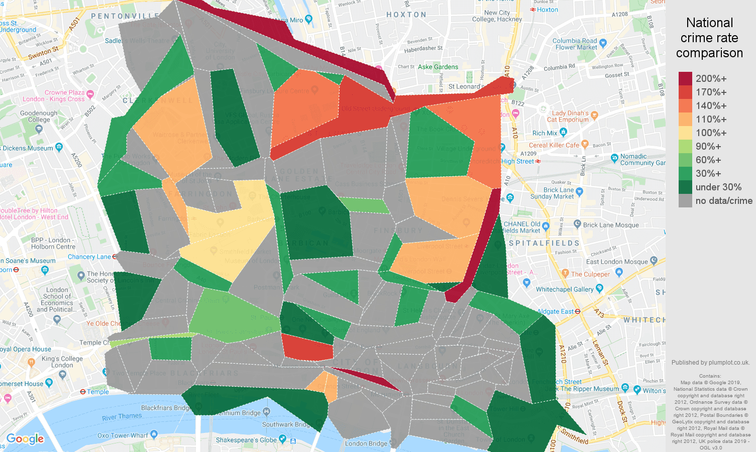 East Central London possession of weapons crime rate comparison map