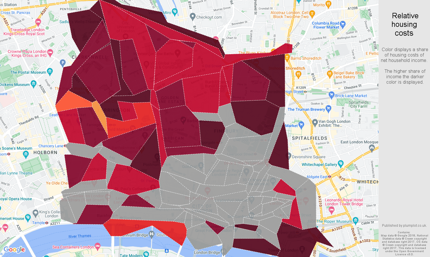 East Central London relative housing costs map