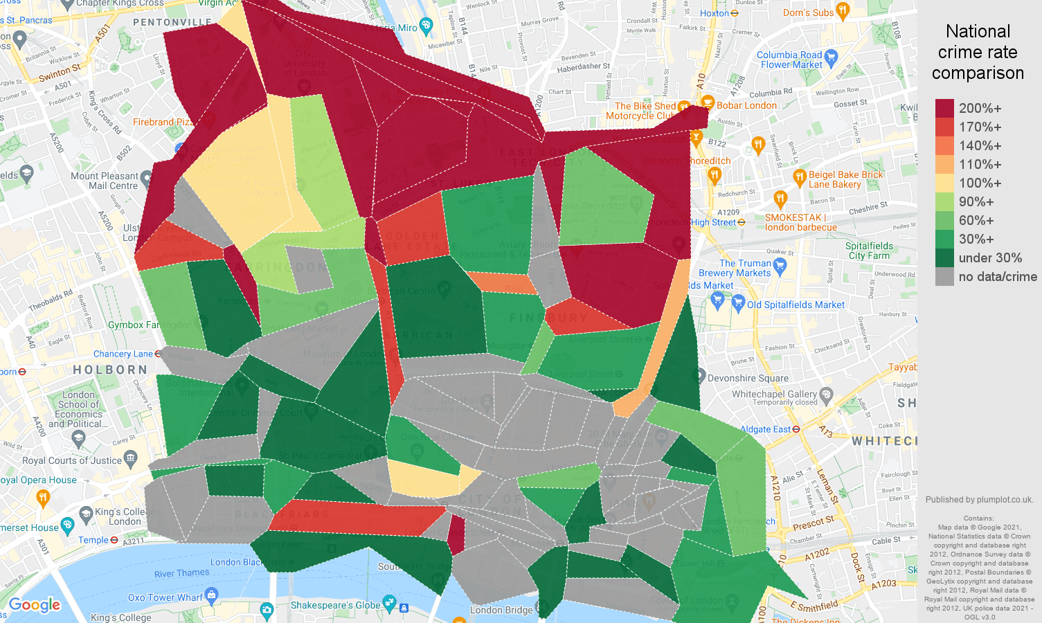 East Central London robbery crime rate comparison map