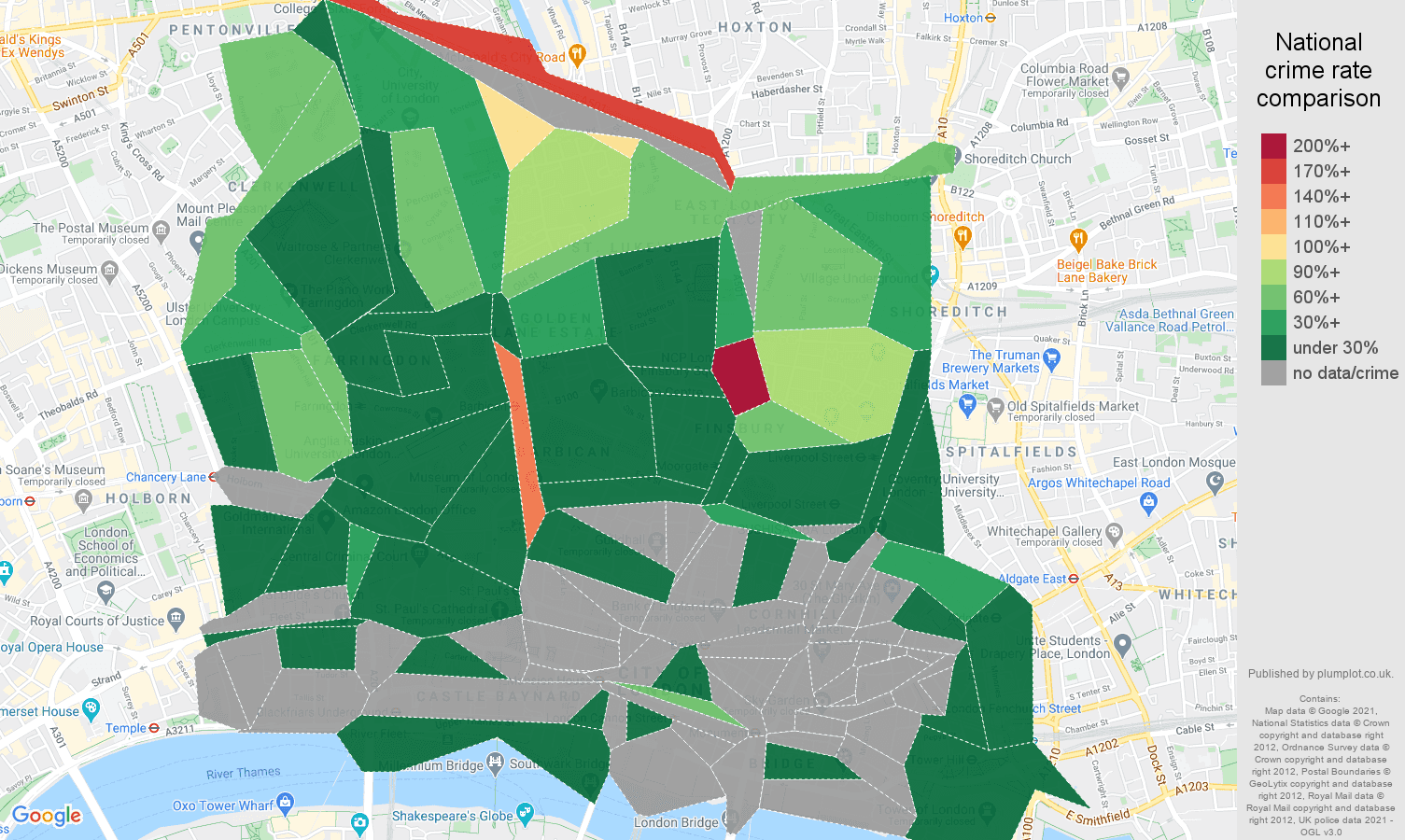 East Central London vehicle crime rate comparison map