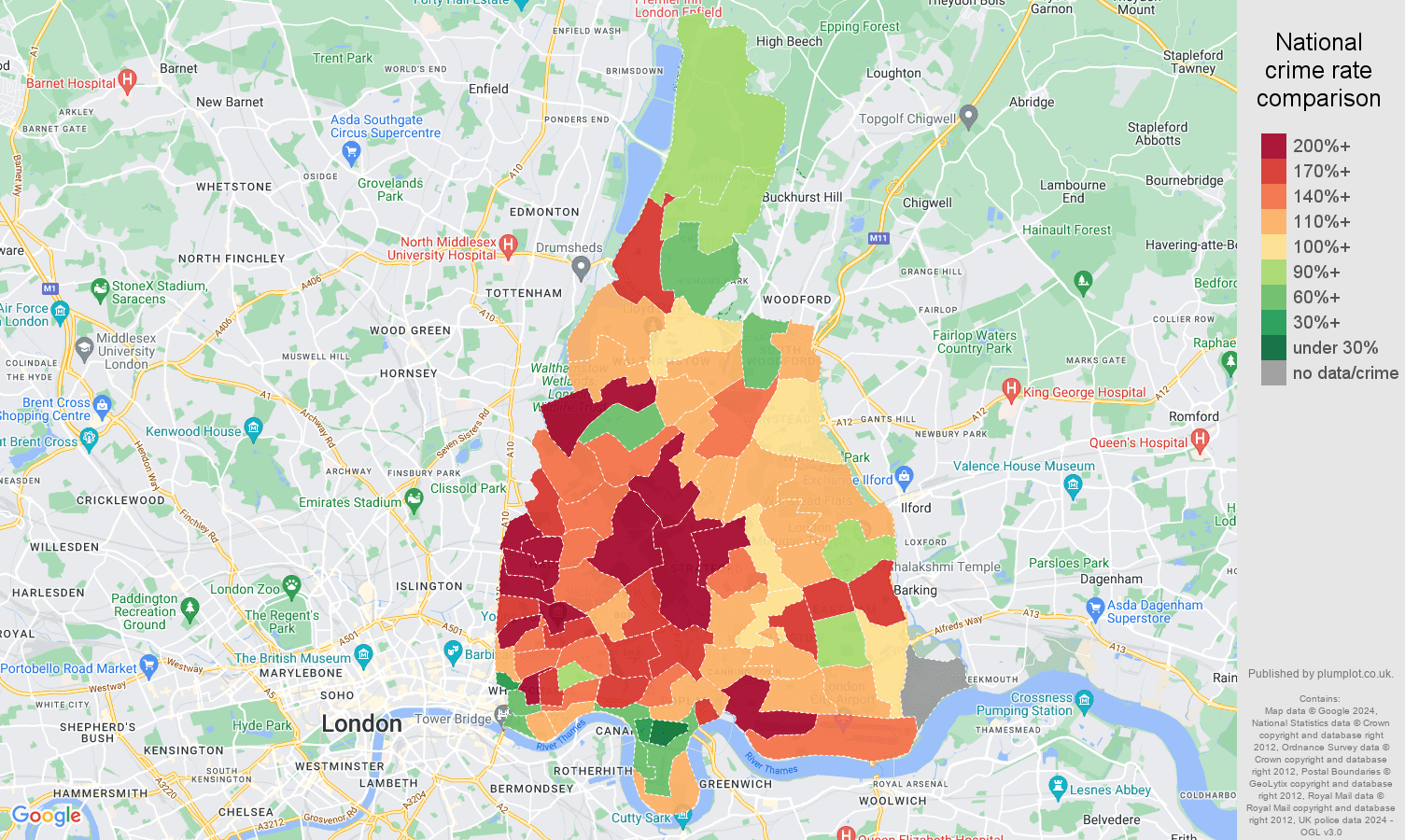 East London crime rate comparison map