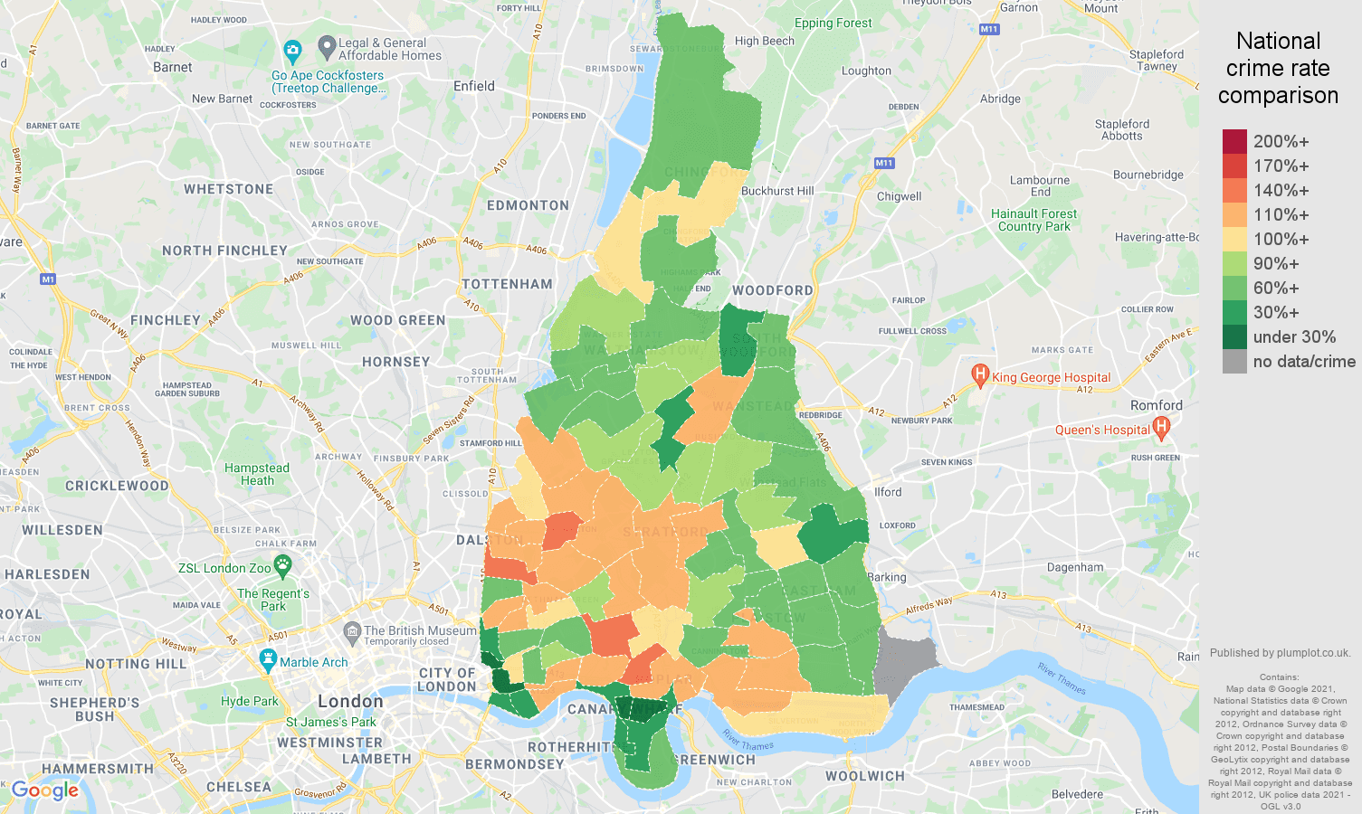 East London criminal damage and arson crime rate comparison map