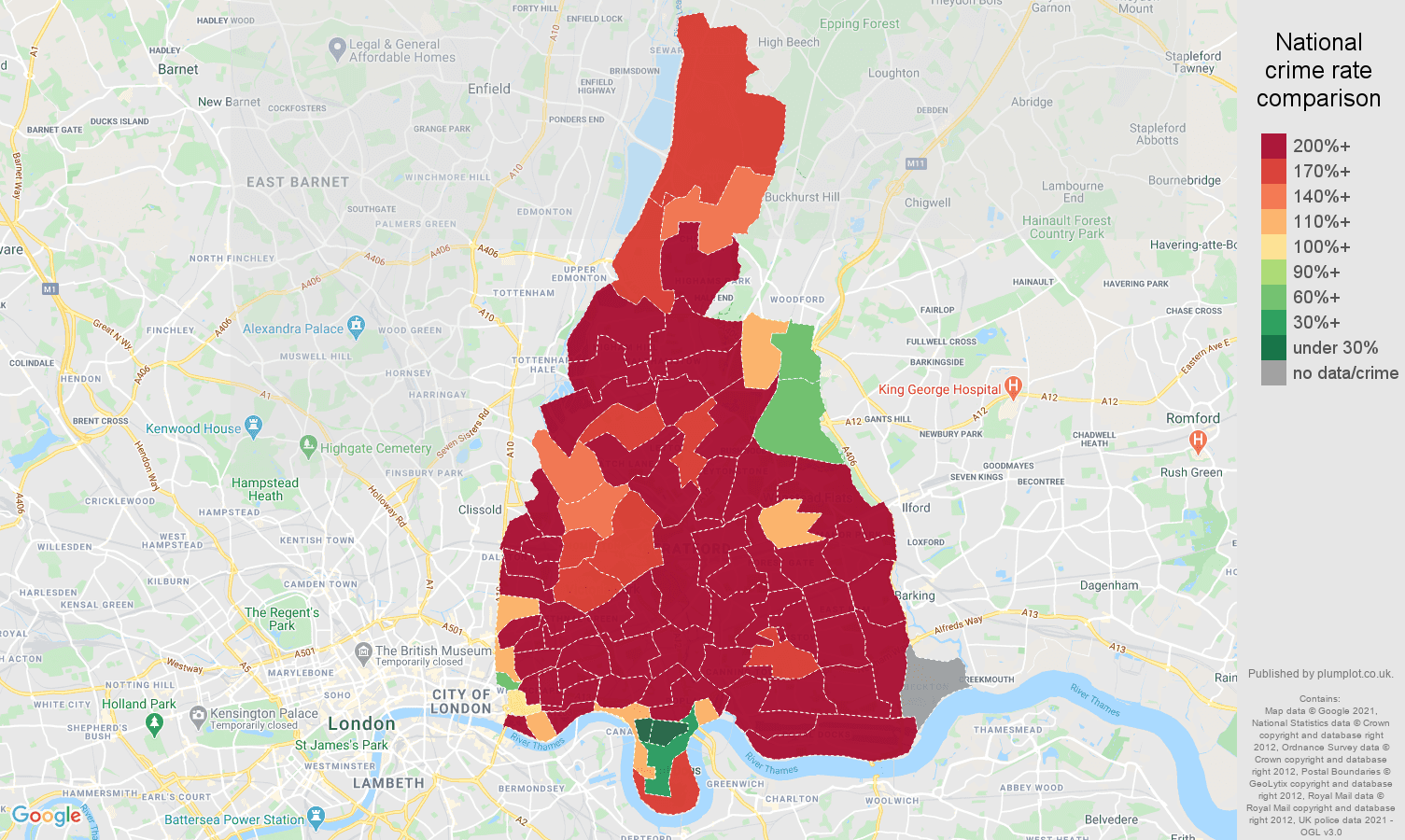 East London drugs crime rate comparison map