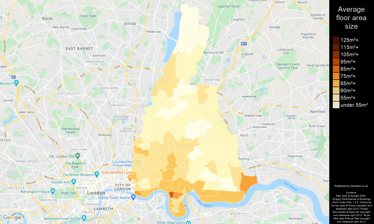 East London map of average floor area size of flats