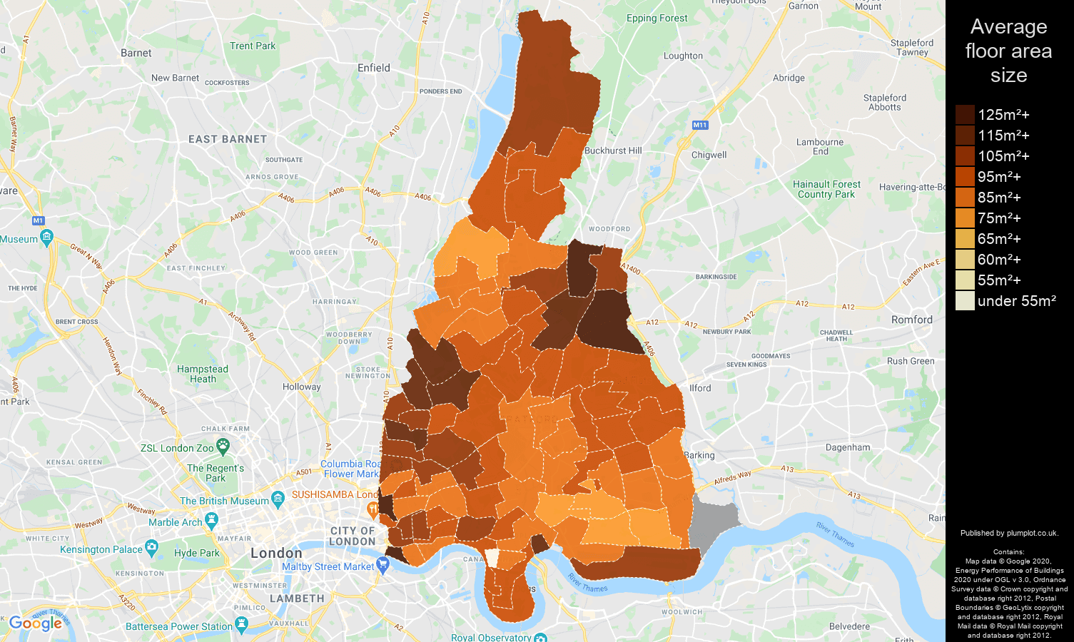 East London map of average floor area size of houses