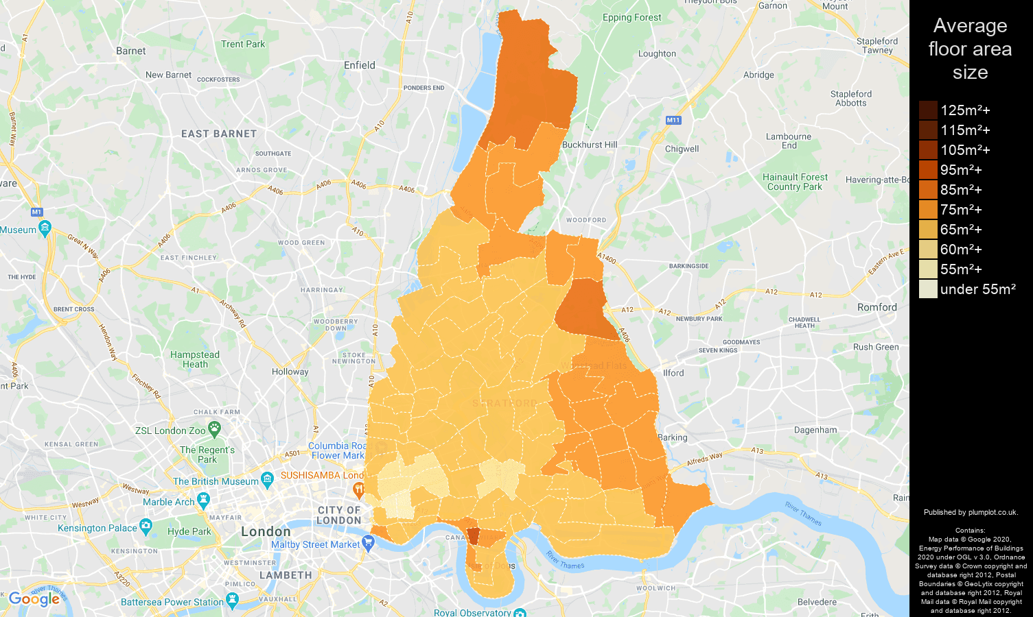 East London map of average floor area size of properties