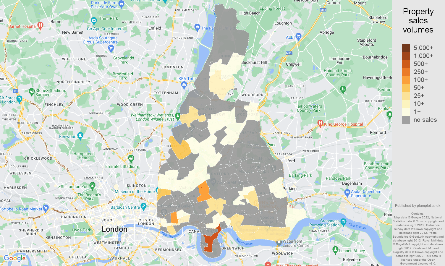 East London map of sales of new properties