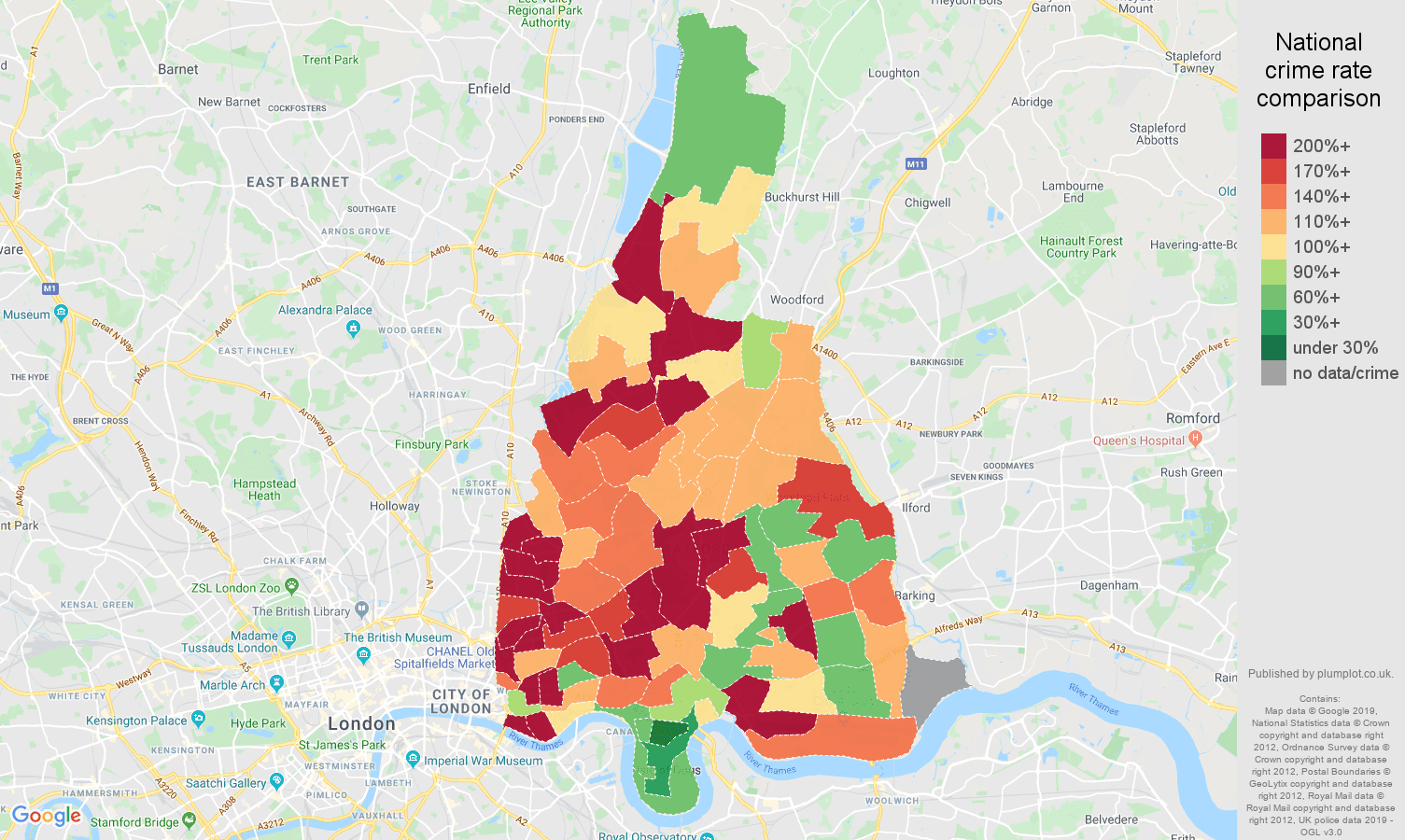 East London other theft crime rate comparison map