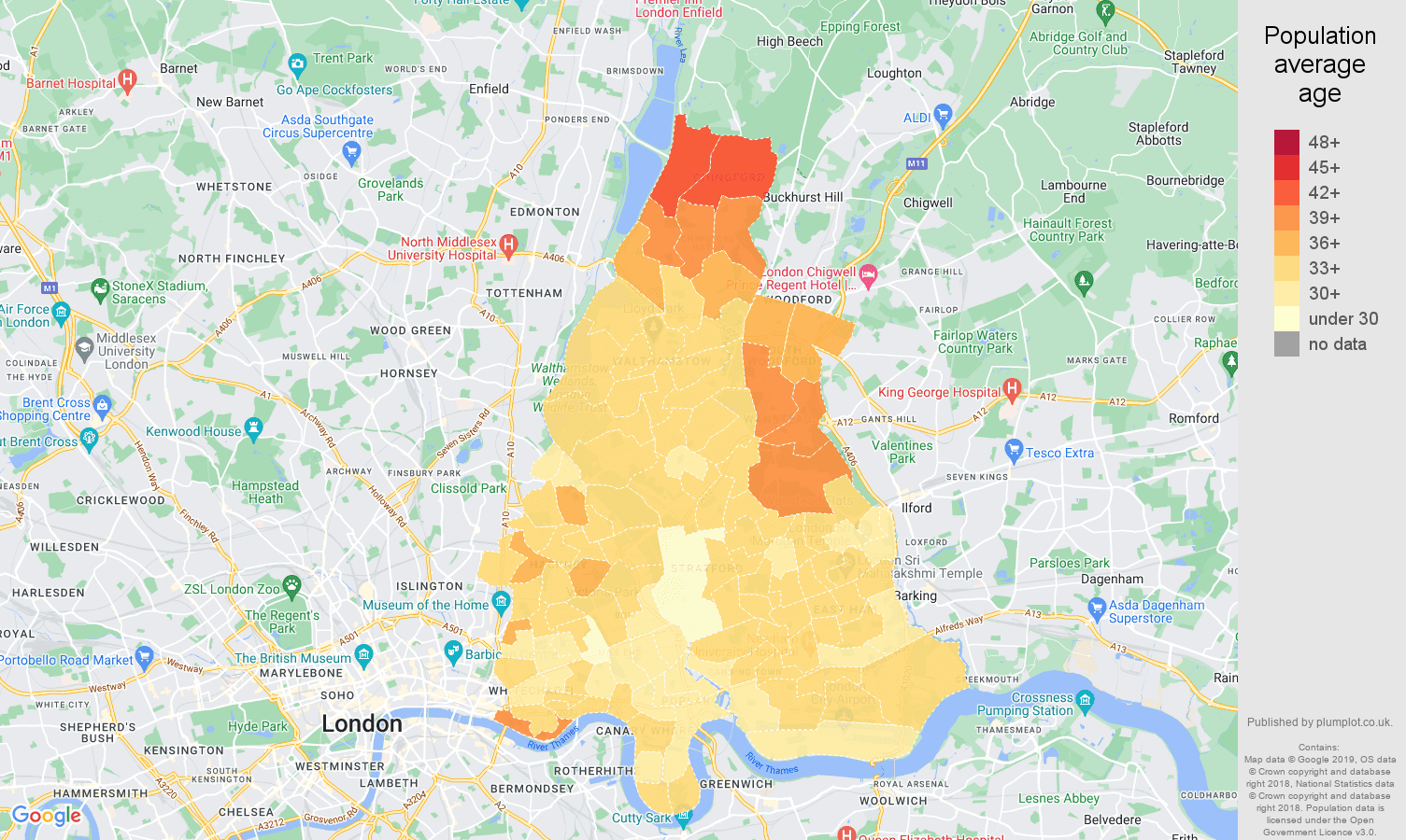 East London population average age map