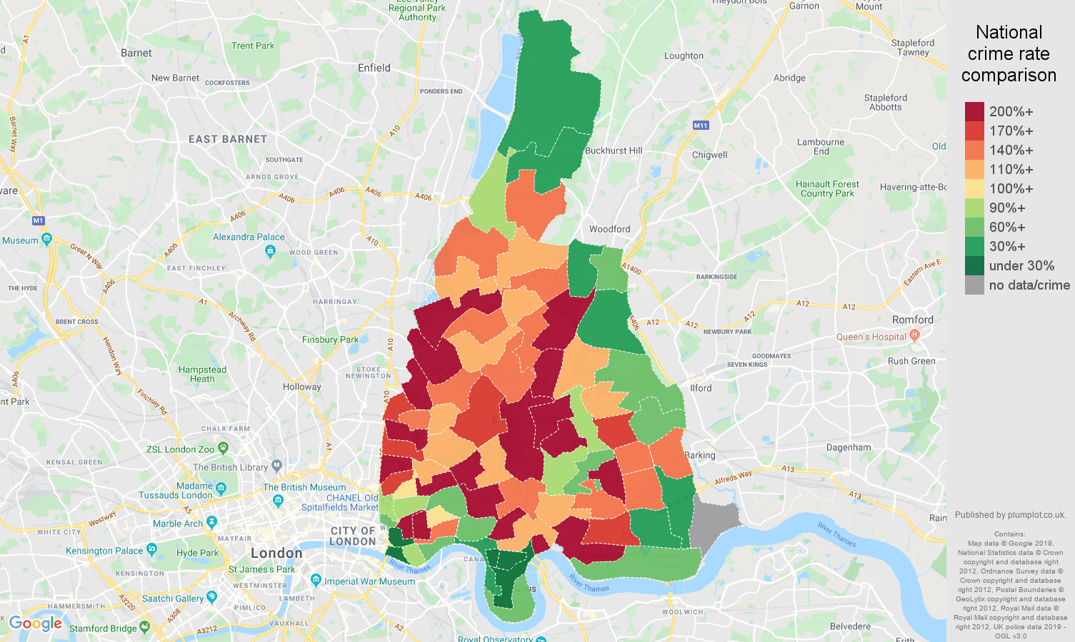 East London possession of weapons crime rate comparison map