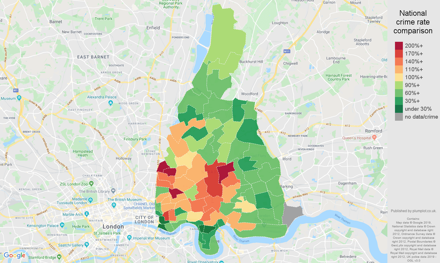 East London public order crime rate comparison map