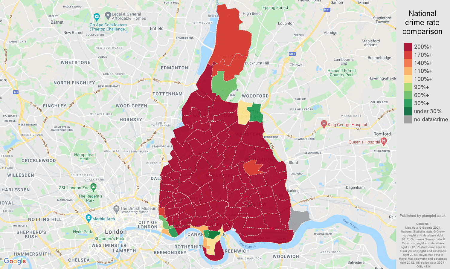 East London robbery crime rate comparison map