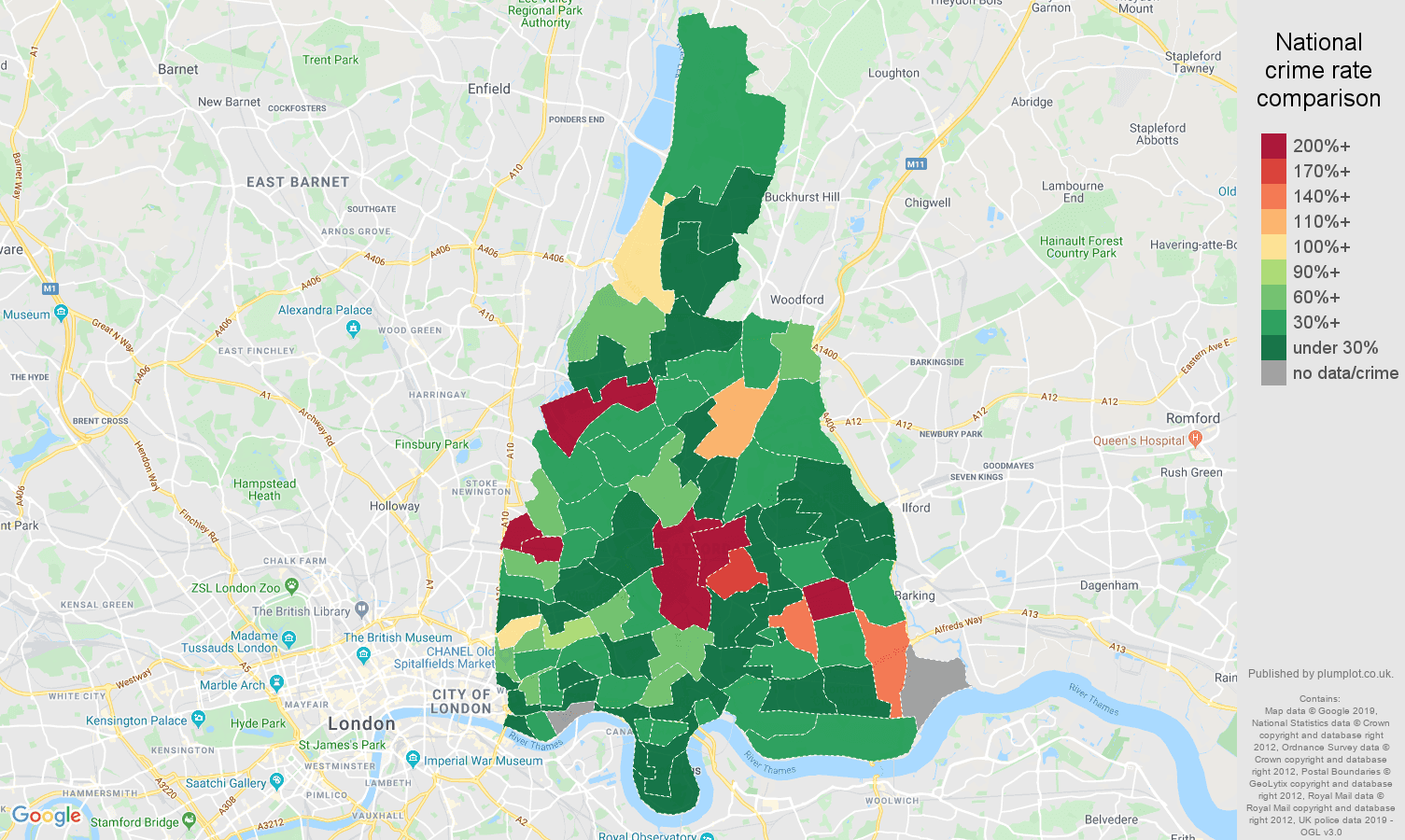 East London shoplifting crime rate comparison map