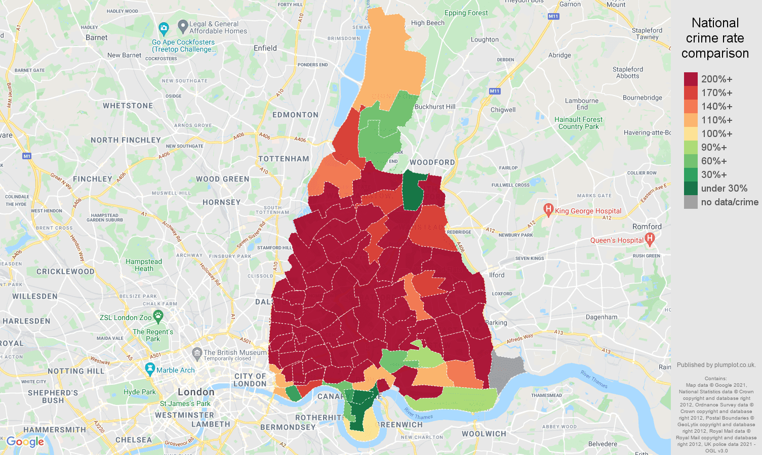 East London theft from the person crime rate comparison map