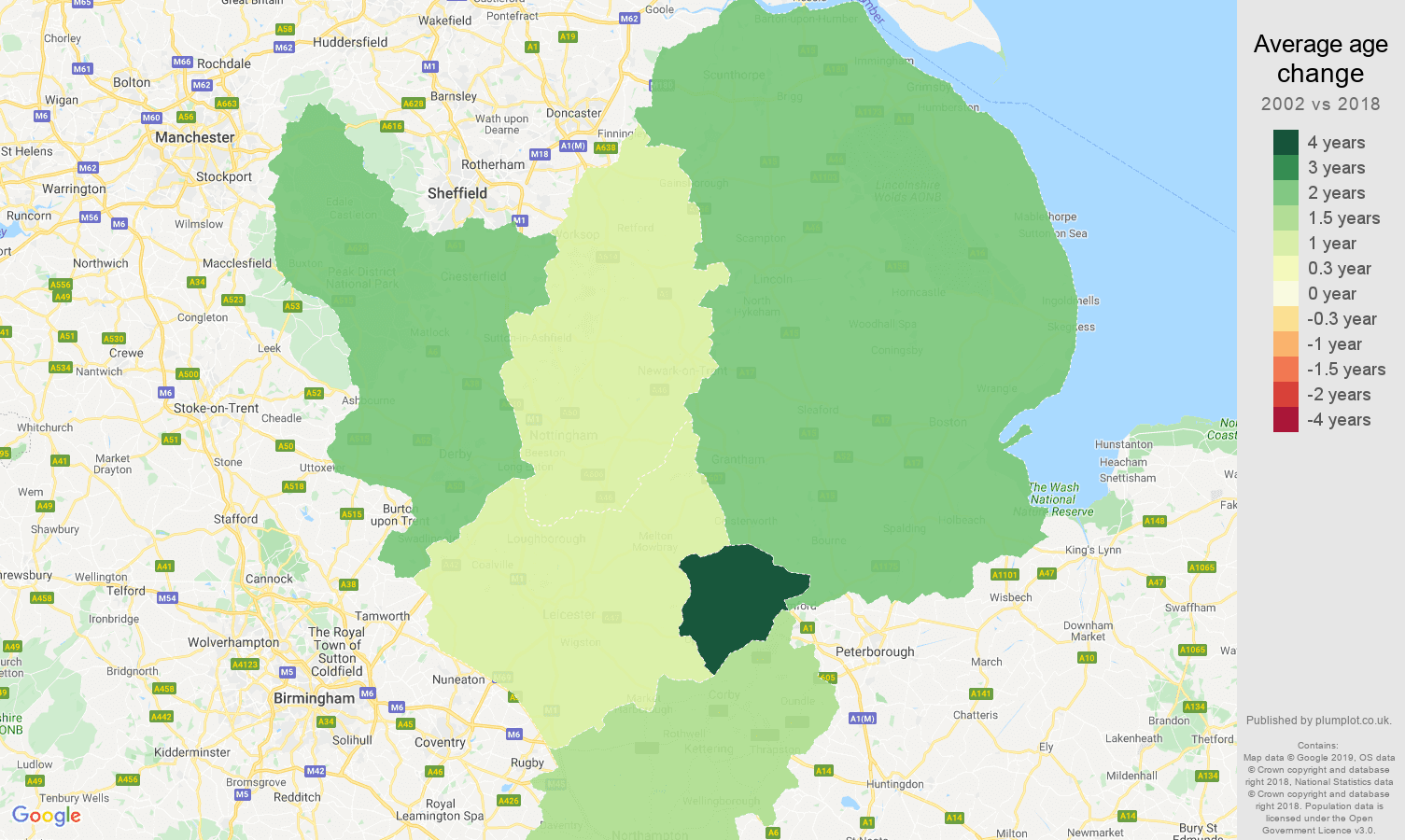 East Midlands average age change map