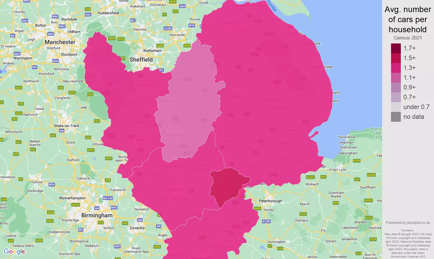 East Midlands cars per household map
