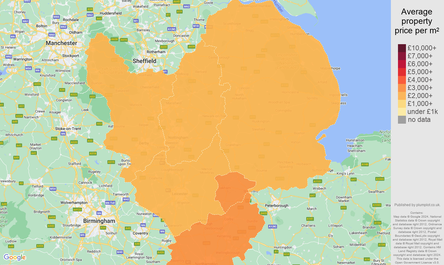 East Midlands house prices per square metre map