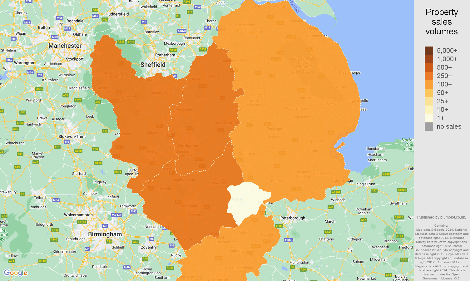 East Midlands map of sales of new properties