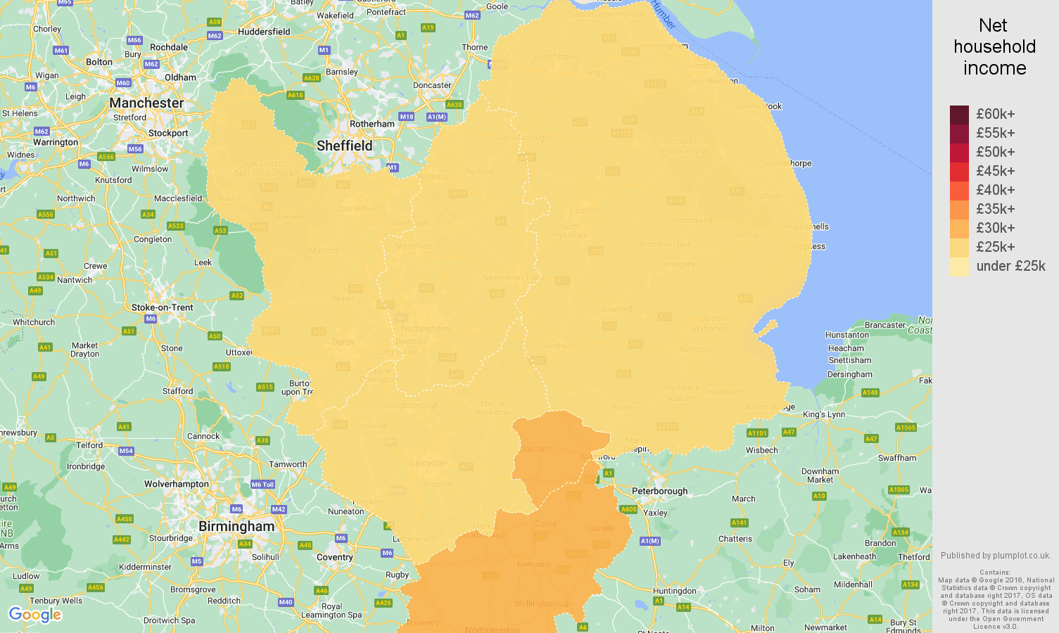 East Midlands net household income map