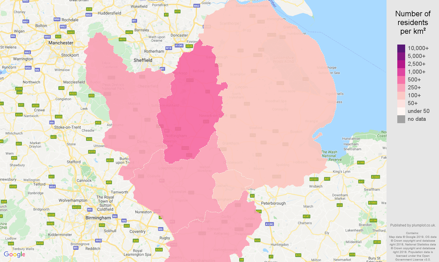 East Midlands population density map
