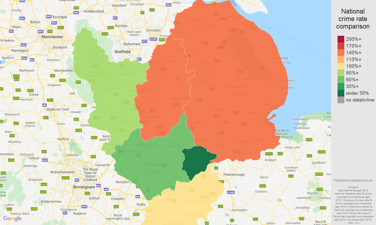 East Midlands shoplifting crime rate comparison map
