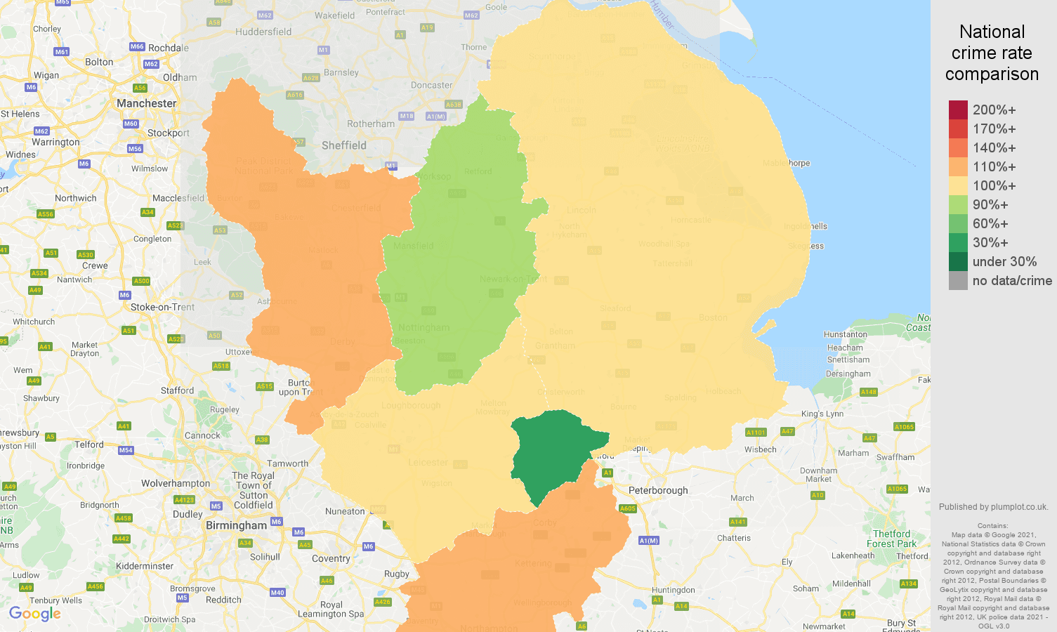 East Midlands violent crime rate comparison map