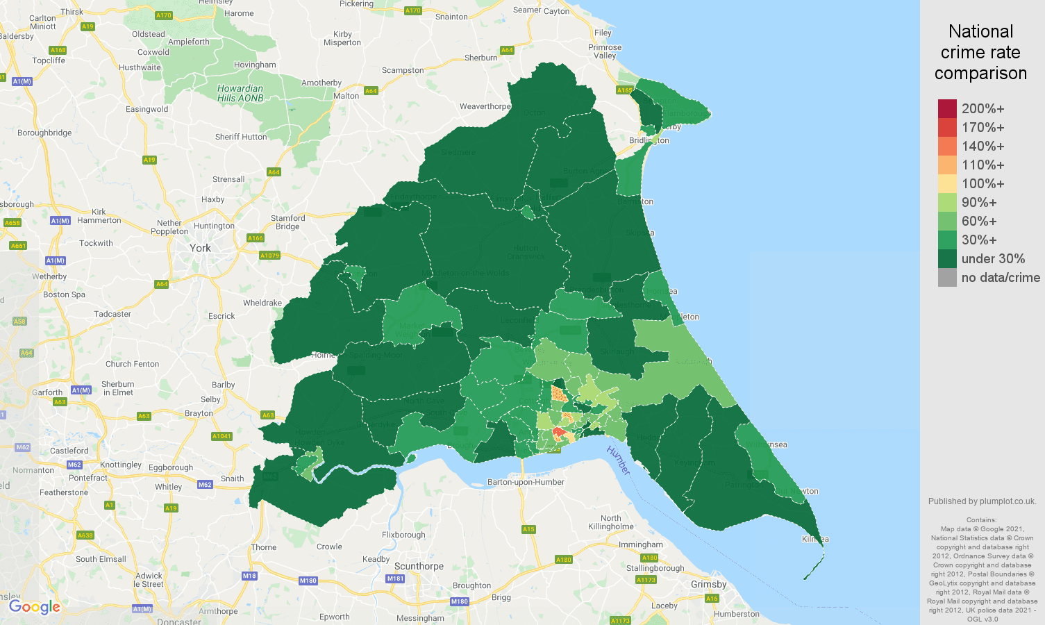 East Riding of Yorkshire antisocial behaviour crime rate comparison map