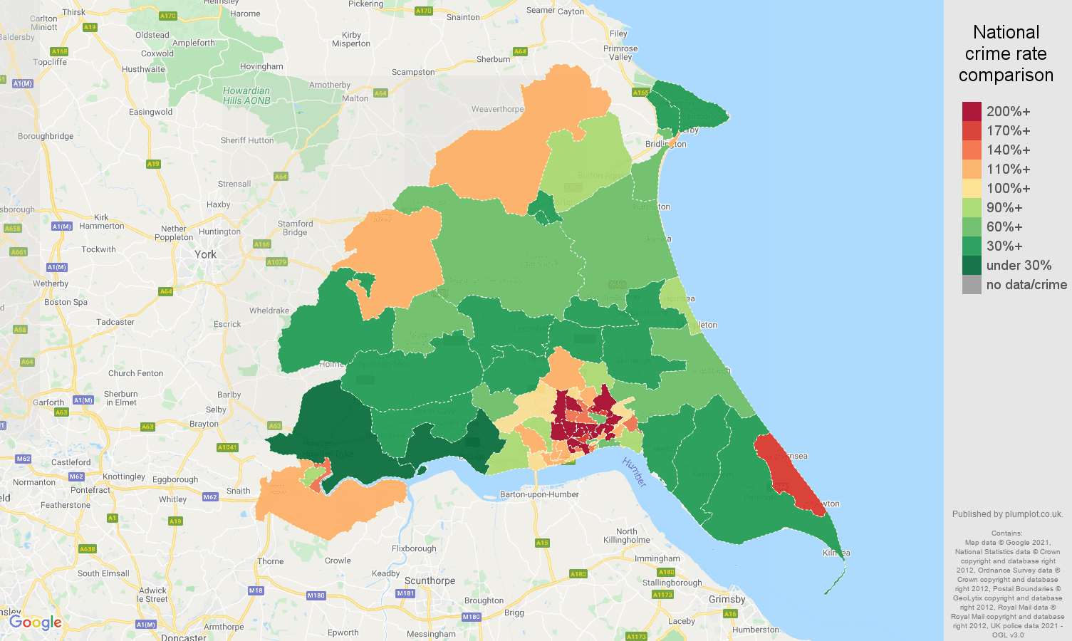 East Riding of Yorkshire burglary crime rate comparison map