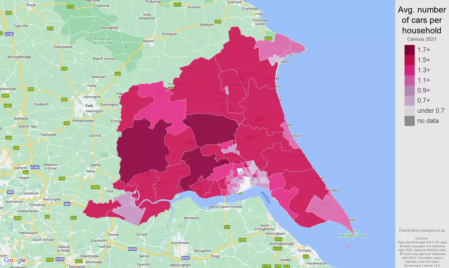 East Riding of Yorkshire cars per household map