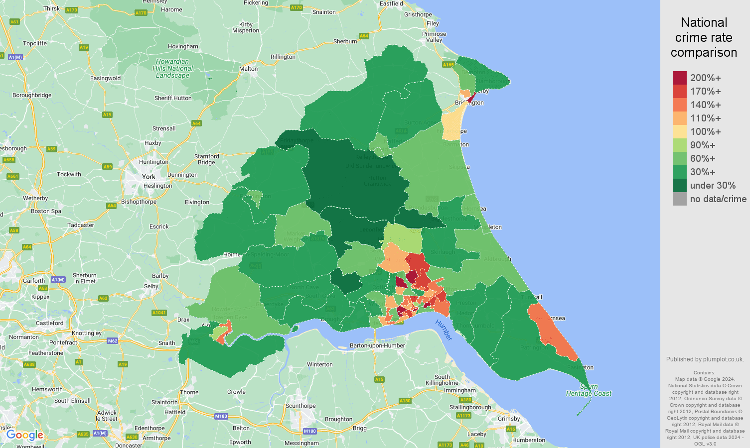 East Riding of Yorkshire crime rate comparison map