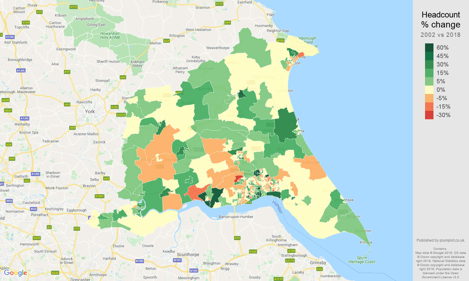 East Riding of Yorkshire headcount change map