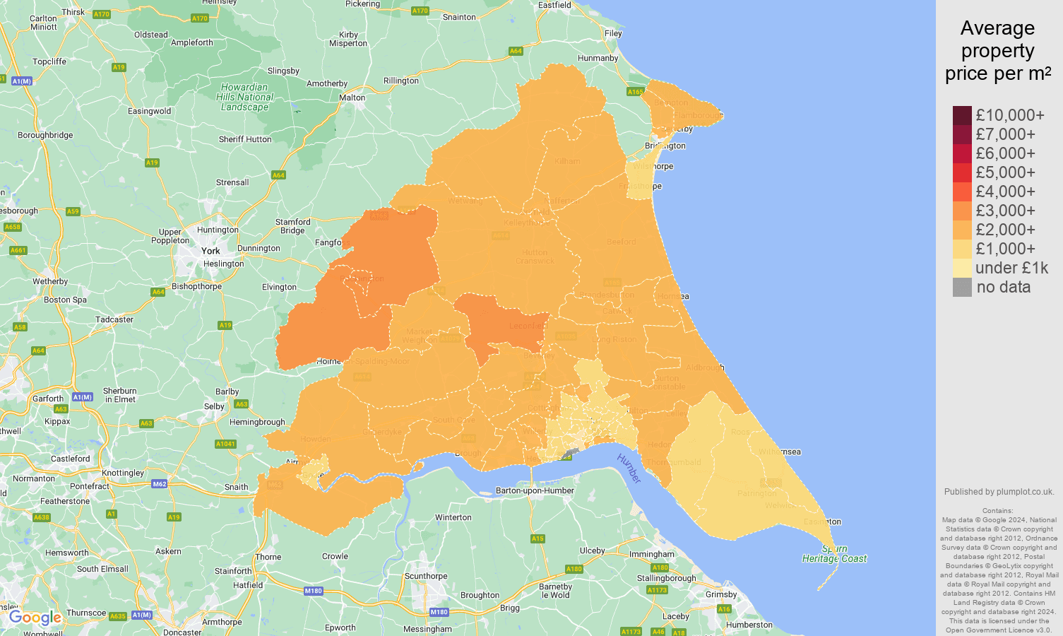 East Riding of Yorkshire house prices per square metre map