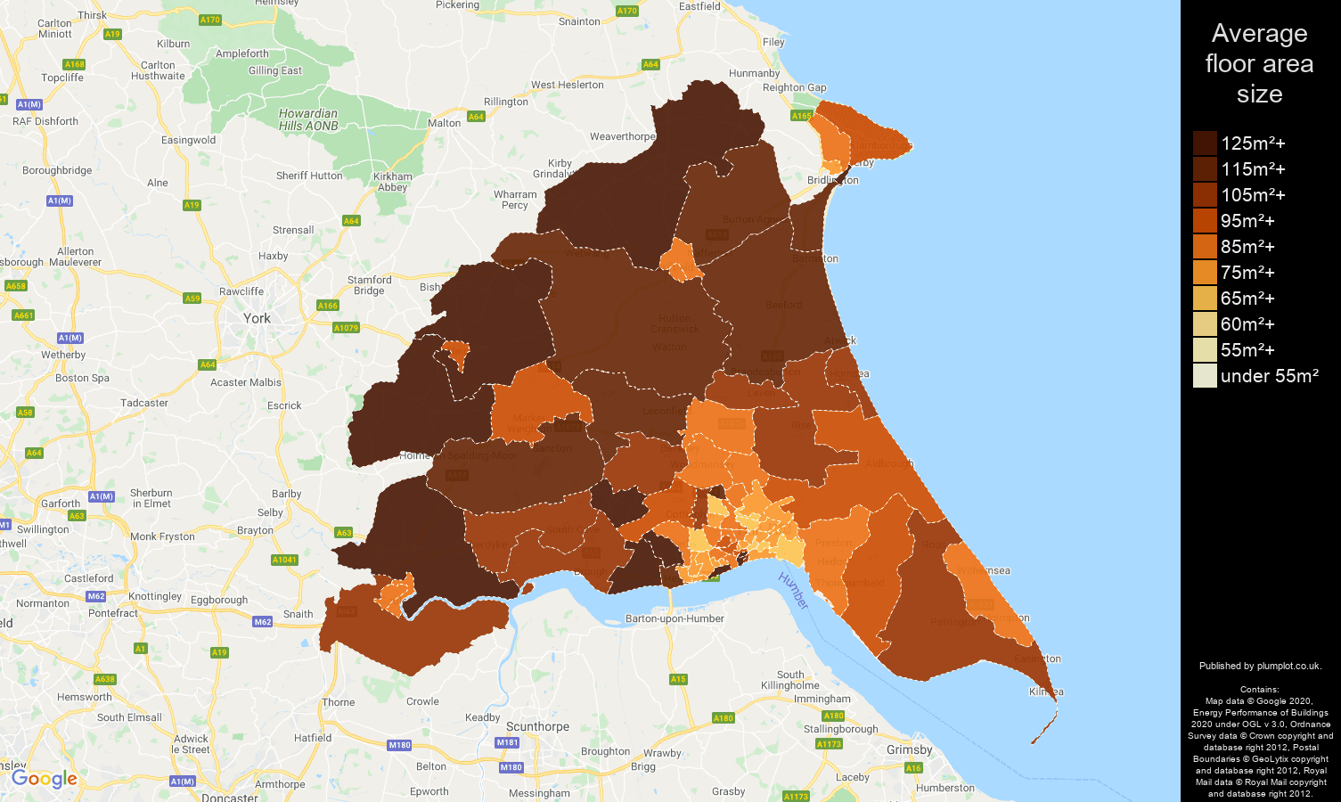 East Riding of Yorkshire map of average floor area size of houses