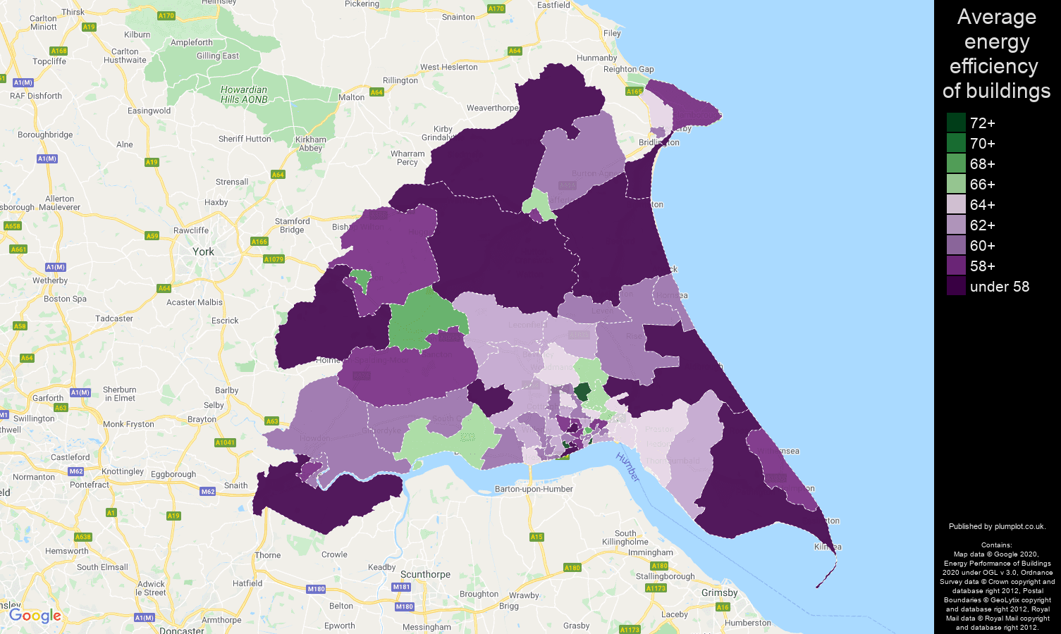 East Riding of Yorkshire map of energy efficiency of houses
