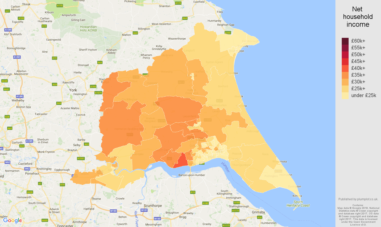 East Riding of Yorkshire net household income map